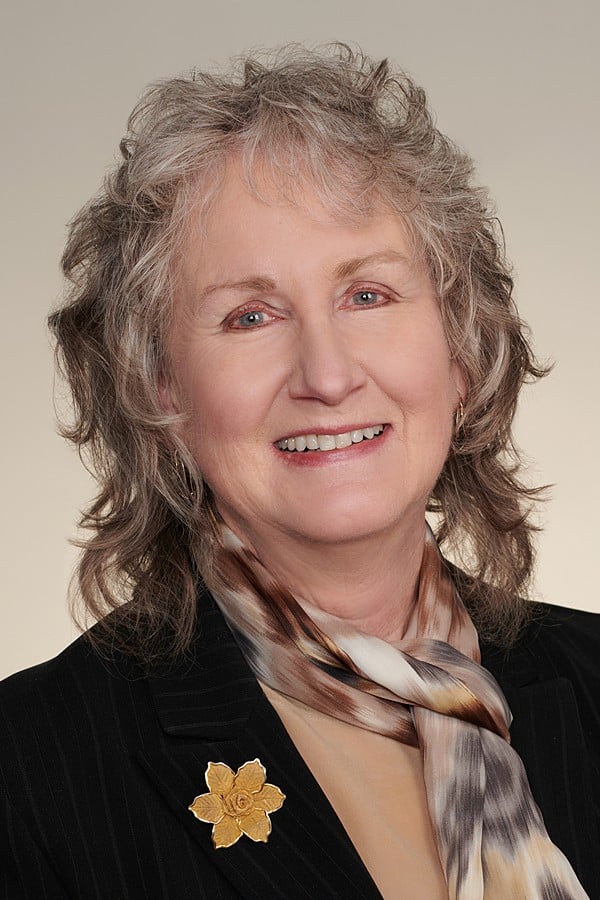 Photo of Sally Johnstone, an older woman with short salt-and-pepper colored curly hair, wearing a black blazer with a yellow/gold flower broach, over a tan blouse and multi-colored scarf, smiling.
